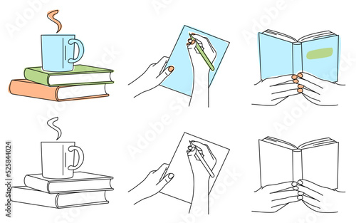 Set of icons about reading and writing in linear vector illustration