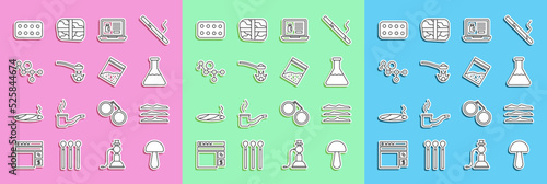 Set line Psilocybin mushroom, Cocaine or heroin drug, Test tube and flask, Buying drugs online on laptop, Heroin spoon, Cannabis molecule, Pills blister pack and Plastic bag of icon. Vector