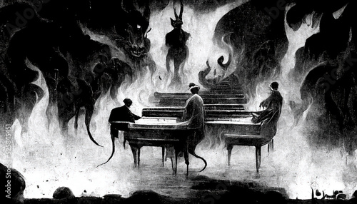 Fotografering Black and white B&W piano concert in hell with the devil himself
