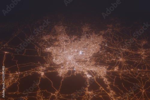 Aerial shot of Nicosia (Cyprus) at night, view from north. Imitation of satellite view on modern city with street lights and glow effect. 3d render