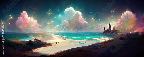 Magical beach with beautiful colored lights and fluffy clouds