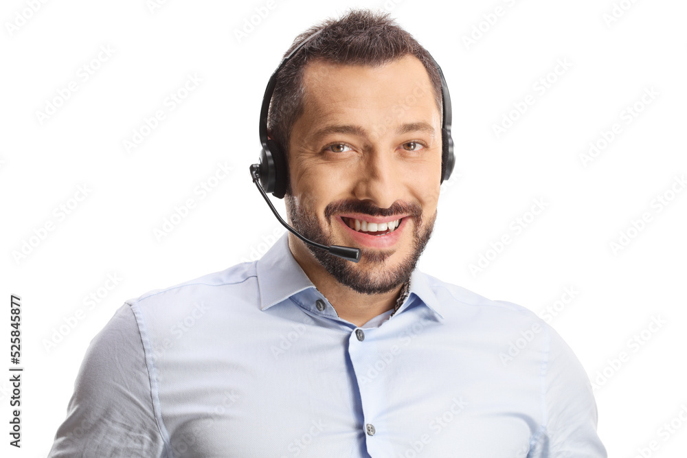 Smiling man wearing a headset with hands free microphone Smiling man wearing a headset with hands free microphone