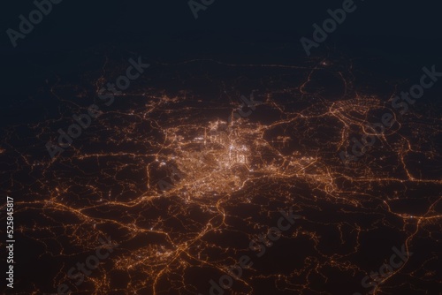 Aerial shot on Daejeon (Korea) at night, view from east. Imitation of satellite view on modern city with street lights and glow effect. 3d render