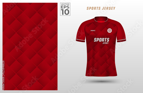 Red t-shirt sport design template with halftone pattern for soccer jersey. Sport uniform in front view. T shirt mock up for sport club. Vector Illustration