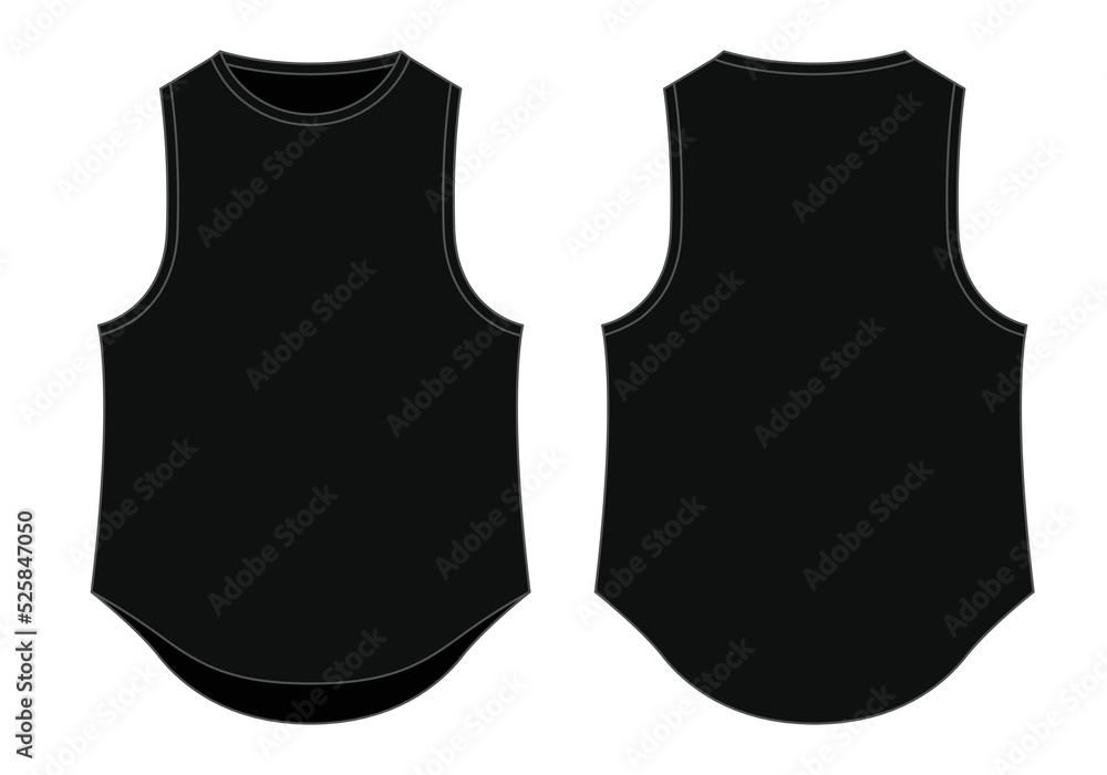 Blank Black Tank Top With Curve Hem Template On White Background.Front
