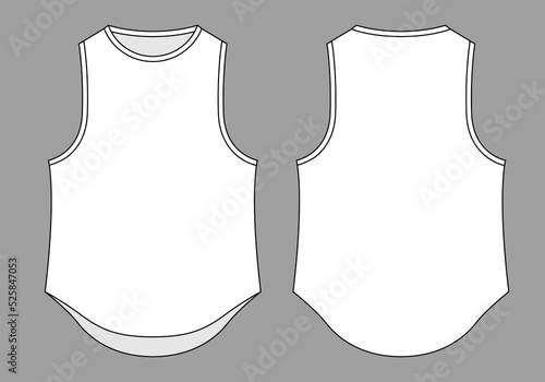 Blank White Tank Top With Curve Hem Template on Gray Background. Front and Back Views, Vector File.