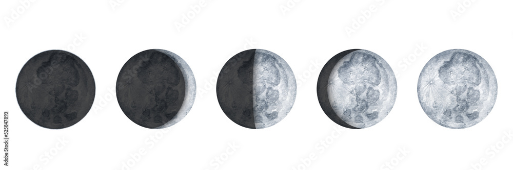 Moon phases on white background. Galaxy Hand drawn isolated watercolor illustration of cycle from new to full moon. Moon phases on white background. Galaxy Hand drawn isolated watercolor illustration of cycle from new to full moon.