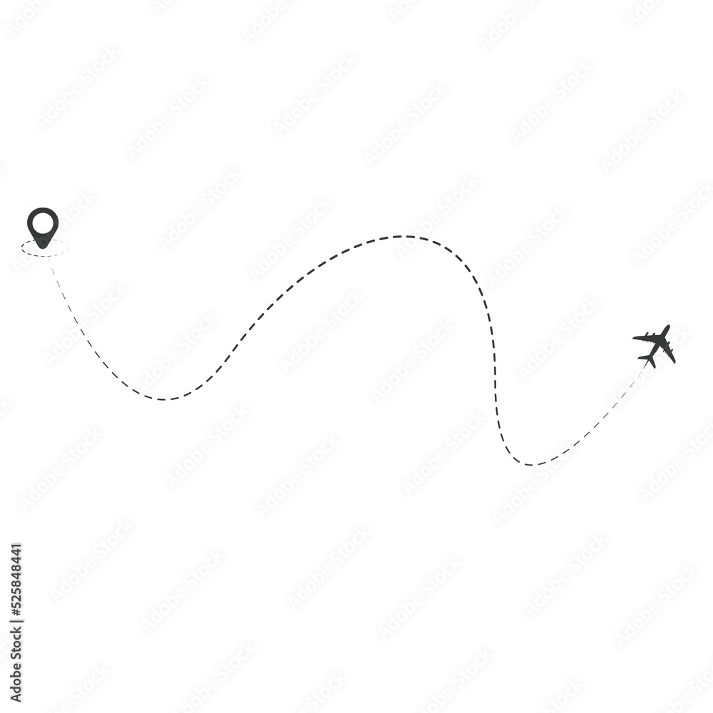 Set of dashed line airplane route with location icon Set of dashed line airplane route with location icon