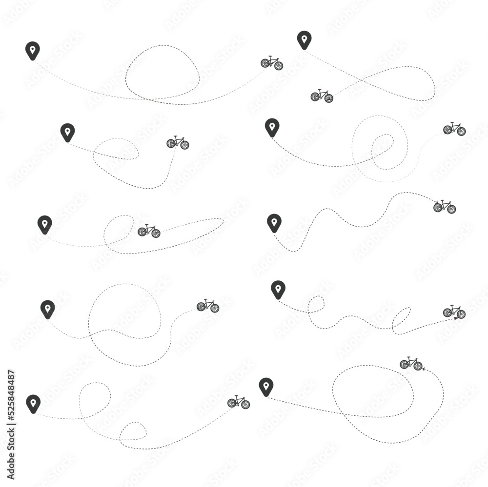 Set of dashed line airplane route with location icon