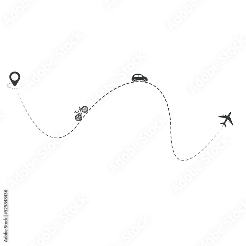 Set of dashed line airplane route with location icon