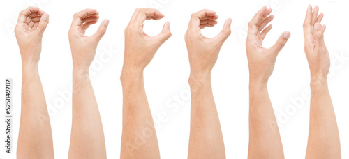 GROUP of Male asian hand gestures isolated over the white background. Grab action.