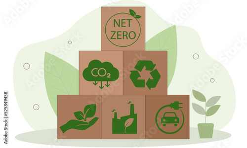 Net zero and environmental conservation and sustainable modernization of ESG using renewable resource technologies to reduce pollution. icon on wooden block green