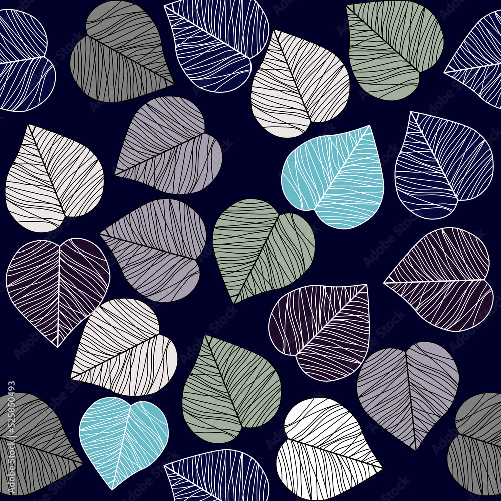 Hand painted leaf veins in blue, cream, green and blue colors on Dark background. seamless leaf pattern Hand painted leaf veins in blue, cream, green and blue colors on Dark background. seamless leaf pattern