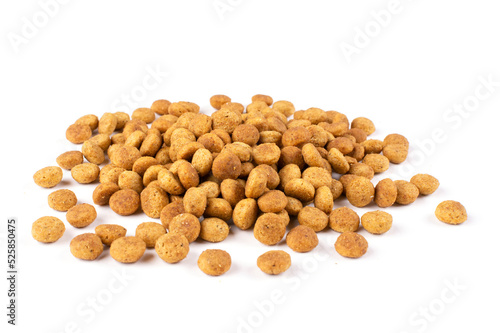 A handful (pile) of dry cat or dog food on a white isolated background. Template for the design. Balanced nutrition.