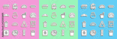 Set line Chicken leg in package box, Street stall with awning, Burger, Taco tortilla, Khinkali on cutting board, Croissant, nuggets and Asian noodles and chopsticks icon. Vector photo