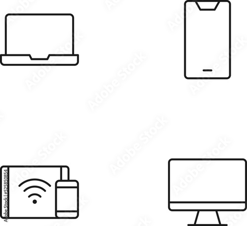 Monochrome elements perfect for adverts, stores, design etc. Editable stroke. Vector line icon set with symbols of laptop, computer, smartphone, tablet