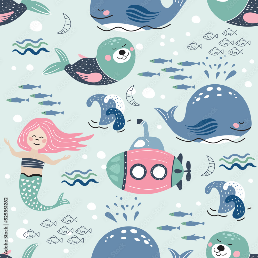 Obraz premium Seamless pattern with mermaids, pink submarine, fur seals and whales. Marine background.