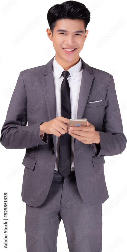 Portrait young asian business man in suit standing using smartphone to internet isolated png transparent file, businessman confident touch screen mobile phone with success, communication concept. Portrait young asian business man in suit standing using smartphone to internet isolated png transparent file, businessman confident touch screen mobile phone with success, communication concept.