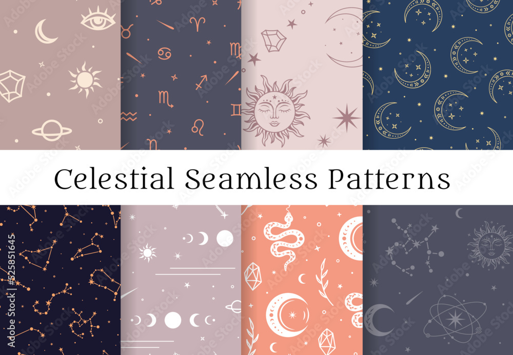 Celestial seamless pattern set. Collection of boho backgrounds with mystical moon, sun, stars, zodiac signs and constellations. Magic actrology wallpaper. Celestial seamless pattern set. Collection of boho backgrounds with mystical moon, sun, stars, zodiac signs and constellations. Magic actrology wallpaper.