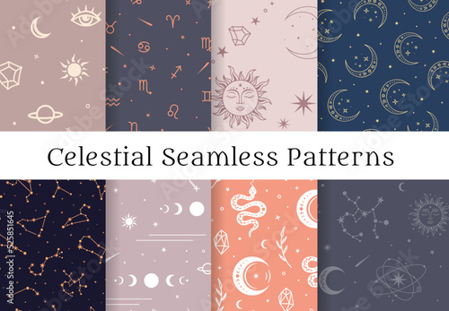 Celestial seamless pattern set. Collection of boho backgrounds with mystical moon, sun, stars, zodiac signs and constellations. Magic actrology wallpaper.