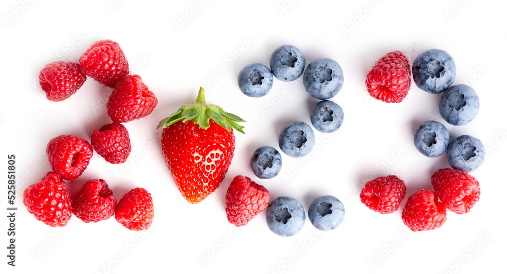 New year 2023 made of fruits on the white background. Healthy food New year 2023 made of fruits on the white background. Healthy food