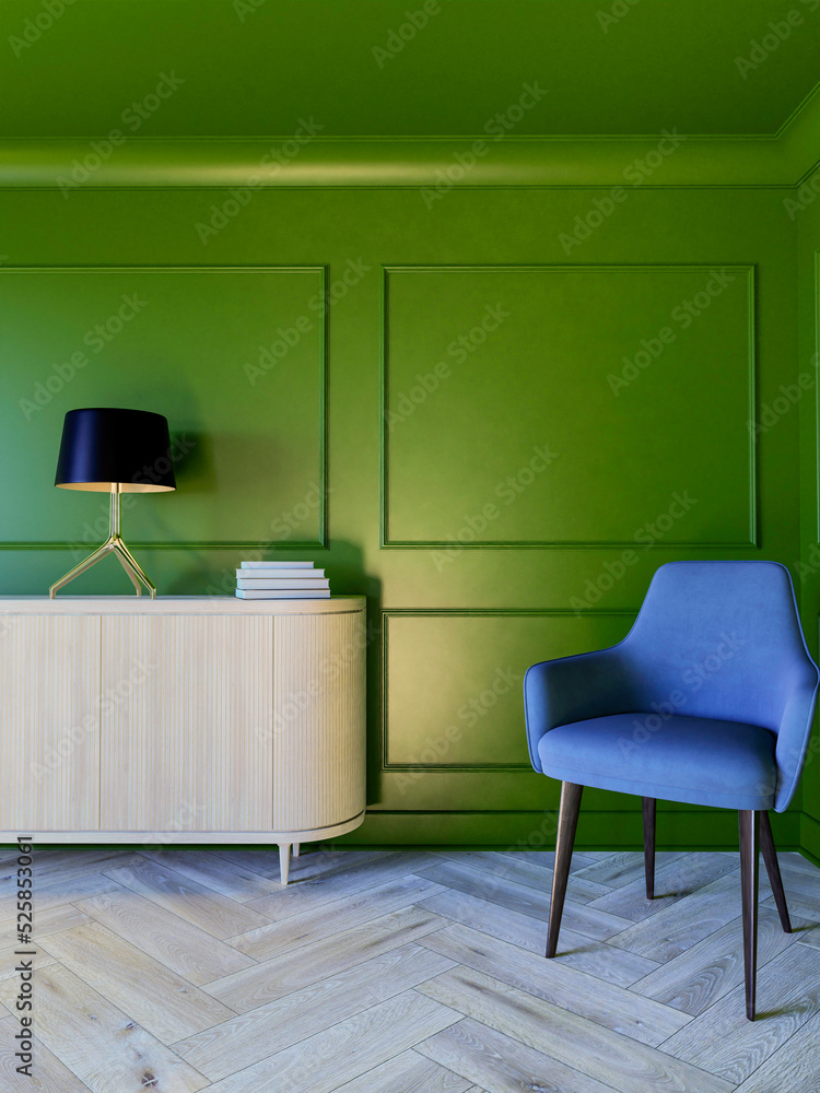 Wnętrze, pokój z zielonymi ścianami i ozdobnymi sztukateriami. Dębowa klasyczna podłoga. 3d rendering

 - obrazy, fototapety, plakaty 