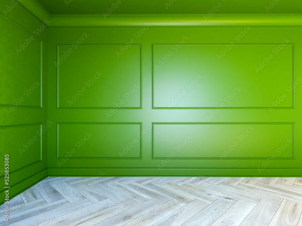 Wnętrze, pokój z zielonymi ścianami i ozdobnymi sztukateriami. Dębowa klasyczna podłoga. 3d rendering

 - obrazy, fototapety, plakaty 