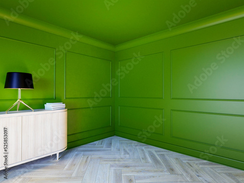Wnętrze, pokój z zielonymi ścianami i ozdobnymi sztukateriami. Dębowa klasyczna podłoga. 3d rendering

