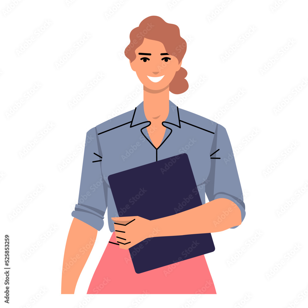 Young business woman holding a tablet computer, folder, or laptop in her hands. Smiling, successful woman. Woman leader, teacher, manager. Flat style. Vector isolated on white background. Young business woman holding a tablet computer, folder, or laptop in her hands. Smiling, successful woman. Woman leader, teacher, manager. Flat style. Vector isolated on white background.