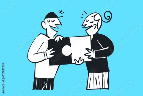 Collaboration between team members, team building activity, help each other to improve  - Comic illustration sketch in a cartoony style