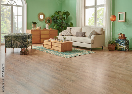 Green living room and wall background concept, wooden furniture, table, chair vase of plant and brown parquet style. photo