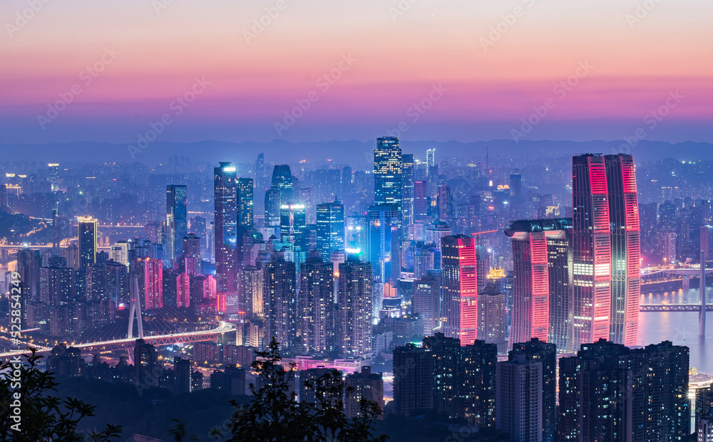 Summer sunset dusk and night city scenery, Chongqing, China