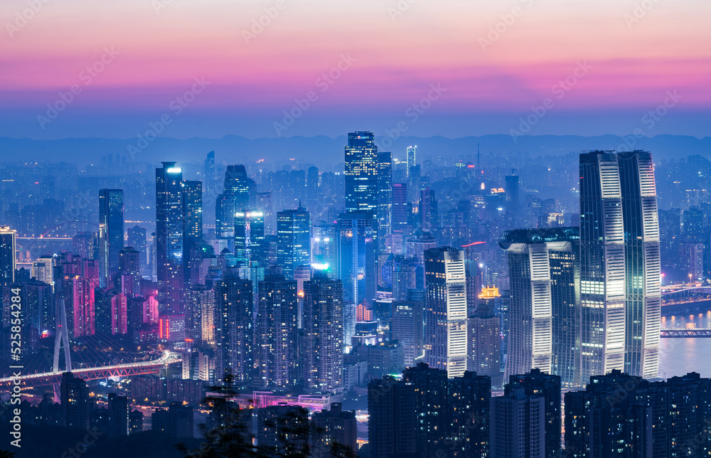 Obraz premium Summer sunset dusk and night city scenery, Chongqing, China