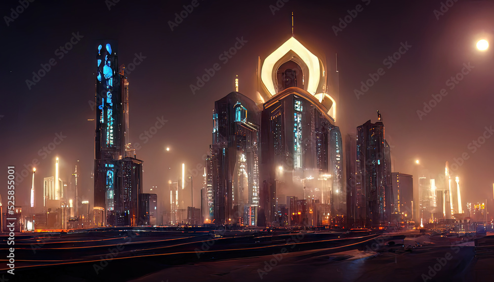 Night Arabic futuristic fantasy neon city. Eastern city panorama, night view of the city, Eastern architecture. 3D illustration.