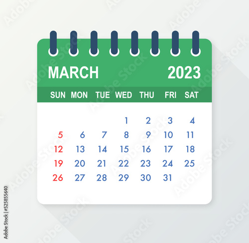 March 2023 Calendar Leaf. Calendar 2023 in flat style. Vector illustration.