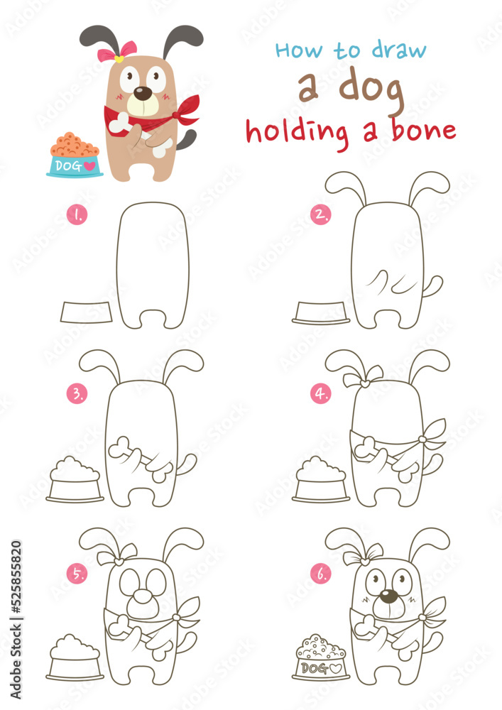 How to draw a dog holding a bone with food bowl vector illustration. Draw a dog holding a bone