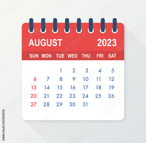 August 2023 Calendar Leaf. Calendar 2023 in flat style. Vector illustration. photo