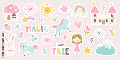 Cute fairy tale sticker pack for girls. Magic girly pink collection with princess and unicorn.