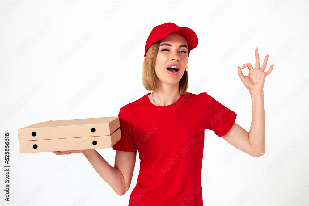 pizza delivery woman with pizza boxes showing thumbs up pizza delivery woman with pizza boxes showing thumbs up