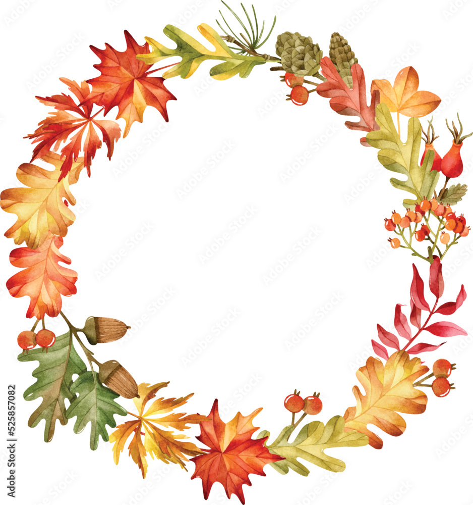 Autumn leaves wreath round frame with oak, maple leaves, rosehip and berries. Invitation template