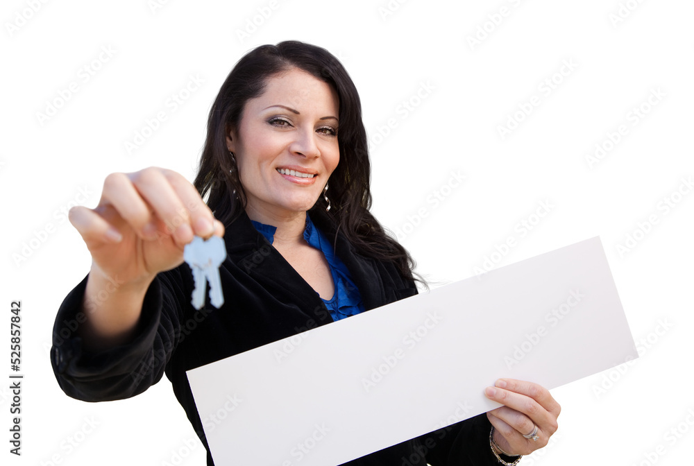 Transparent PNG of Hispanic Woman Holding Blank Sign and Keys. Transparent PNG of Hispanic Woman Holding Blank Sign and Keys.