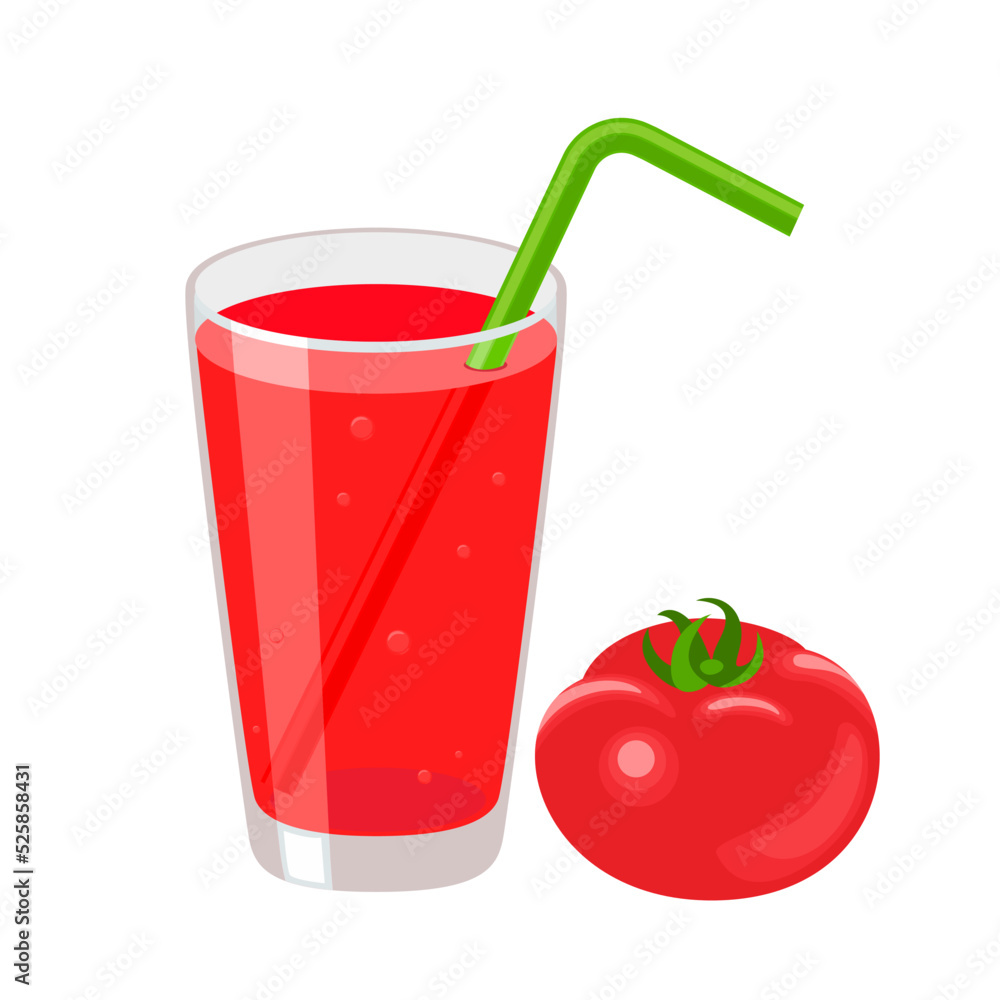 Tomato juice in a glass with tube for drinking. Healthy organic fresh drink icon. Vegetable smoothie. Vector illustration in flat style isolated on white. Taking natural vitamins. Tomato juice in a glass with tube for drinking. Healthy organic fresh drink icon. Vegetable smoothie. Vector illustration in flat style isolated on white. Taking natural vitamins.