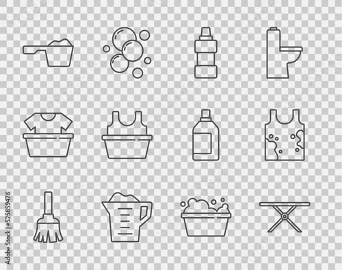 Set line Feather broom, Ironing board, Bottle for cleaning agent, Washing powder, Basin with shirt, soap suds and Dirty t-shirt icon. Vector