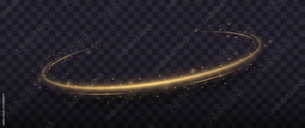 Golden sparkling light trail. Magic light trail of glittering comet tail. Shimmering golden wave with glitter. - obrazy, fototapety, plakaty 