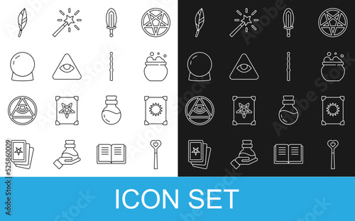 Фотография Set line Magic wand, Ancient magic book, Witch cauldron, sword in fire, Masons, ball, feather and icon