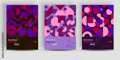 Abstract geometric posters. Bauhaus geometric backgrouns, vector circle, triangle, and square lines color art design. Contemporary vertical mosaic banners vector trendy set