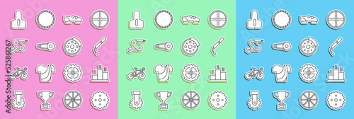 Set line Bicycle sprocket crank, Award over sports winner podium, air pump, shoes, chain with gear, Swiss army knife, seat and brake disc icon. Vector