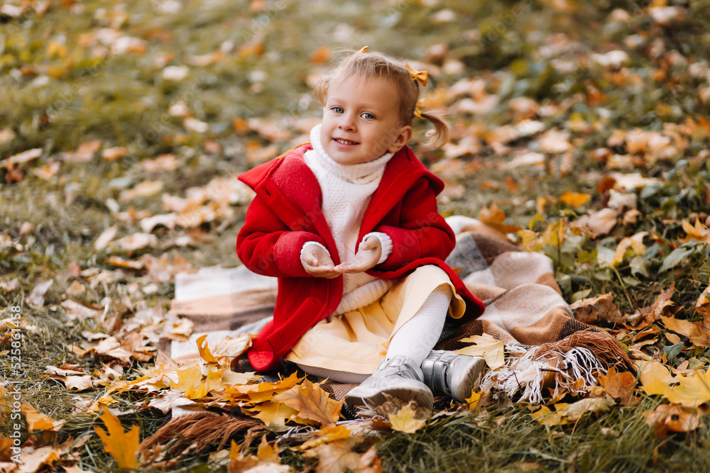 Portrait of a happy smiling little girl child in a bright red coat catching autumn leaves having fun and laughing sitting on a plaid blanket on the foliage in an autumn park outdoors in fall. Portrait of a happy smiling little girl child in a bright red coat catching autumn leaves having fun and laughing sitting on a plaid blanket on the foliage in an autumn park outdoors in fall.