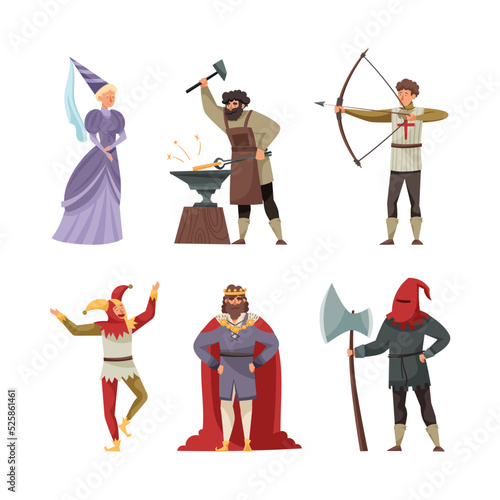 Medieval people set. Maid of honor, blacksmith, archer, jester, king, executioner cartoon vector illustration