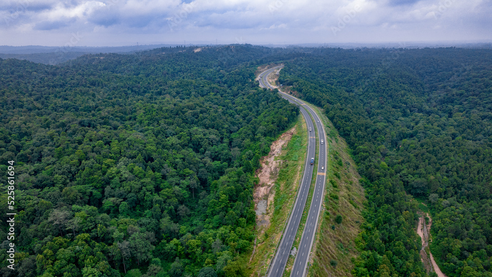 Aerial view of road going through greenery, Roads through the green forest, drone landscape